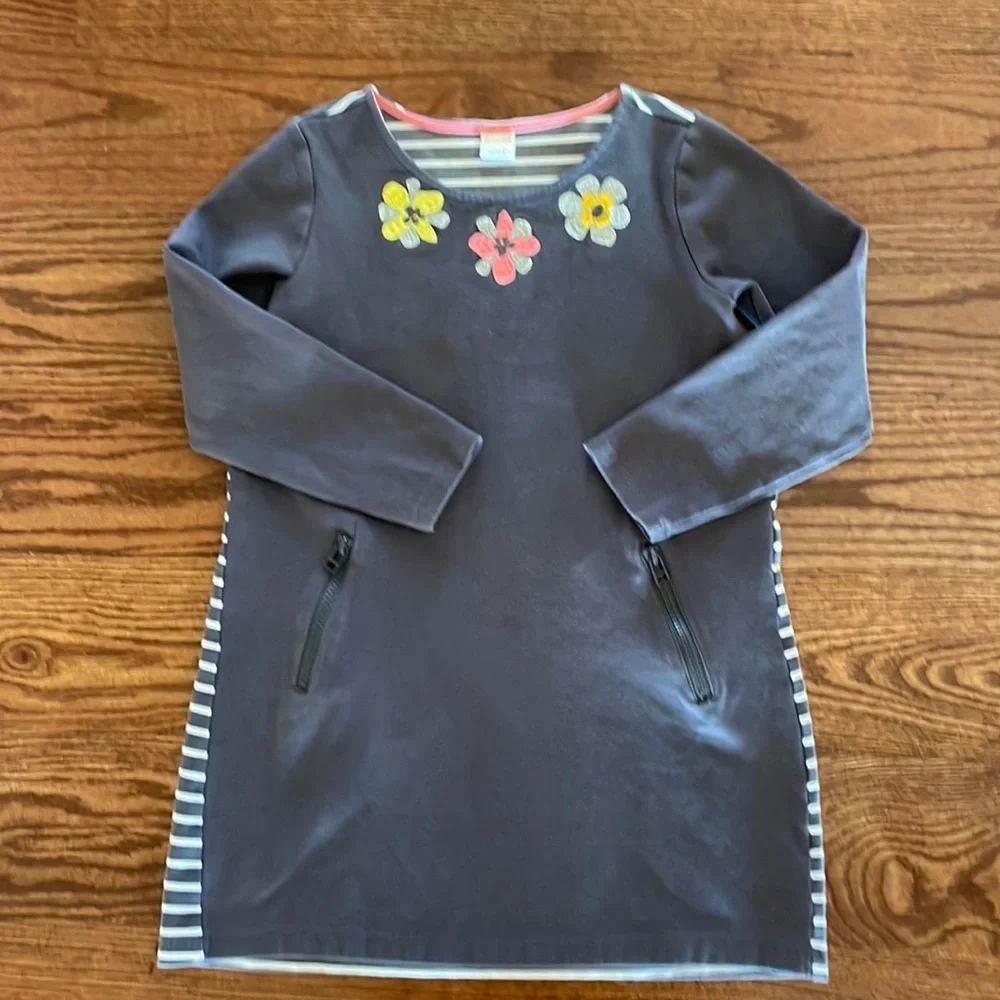 Gymboree girls embroidered flower stripe fleece dress gray white 7/8 med
